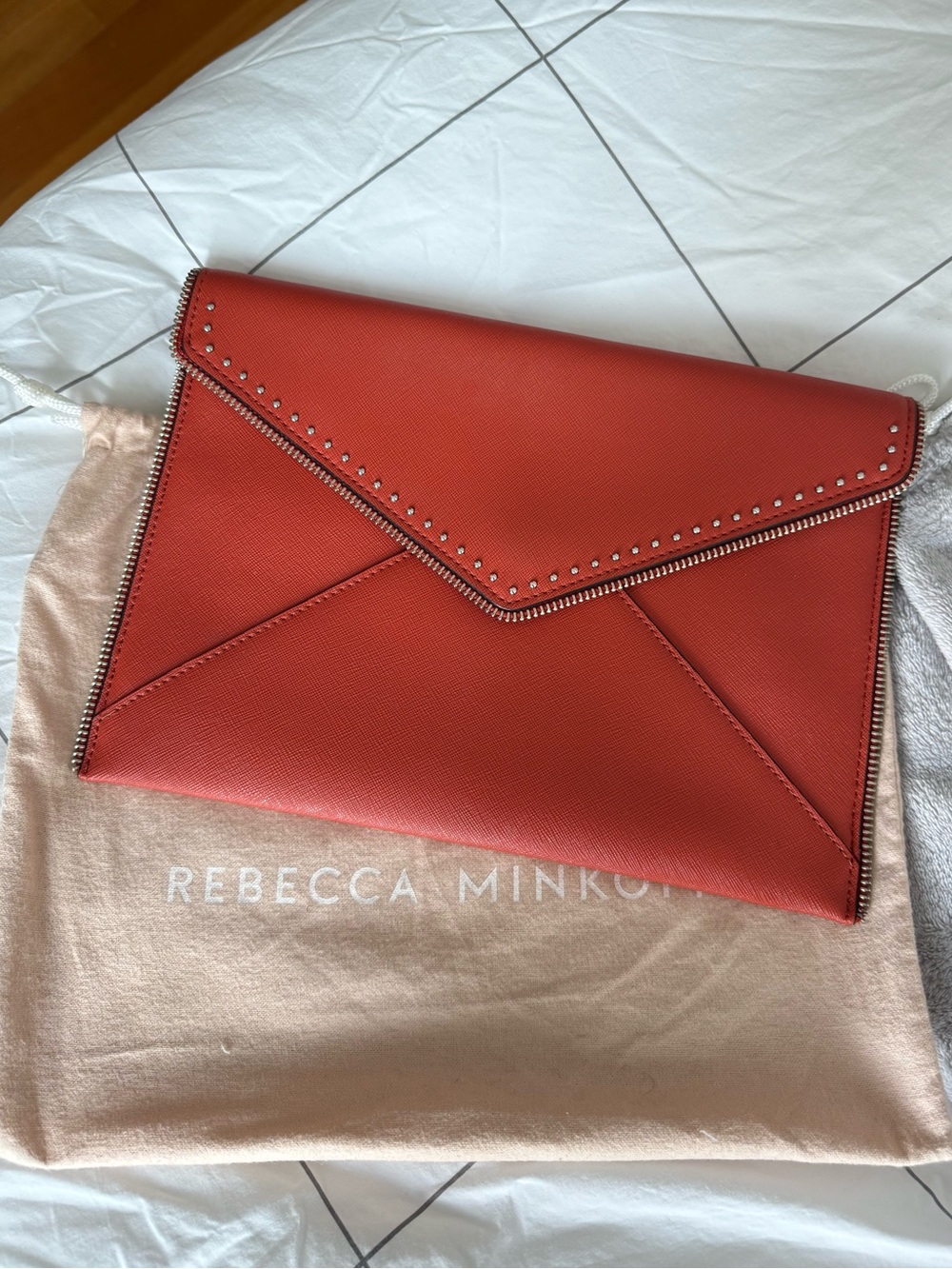 Rebecca Minkoff Coral-Red Envelope Clutch with Stud Trim